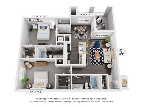 A 3D floor plan of a small apartment with a kitchen, living room, and bathroom.
